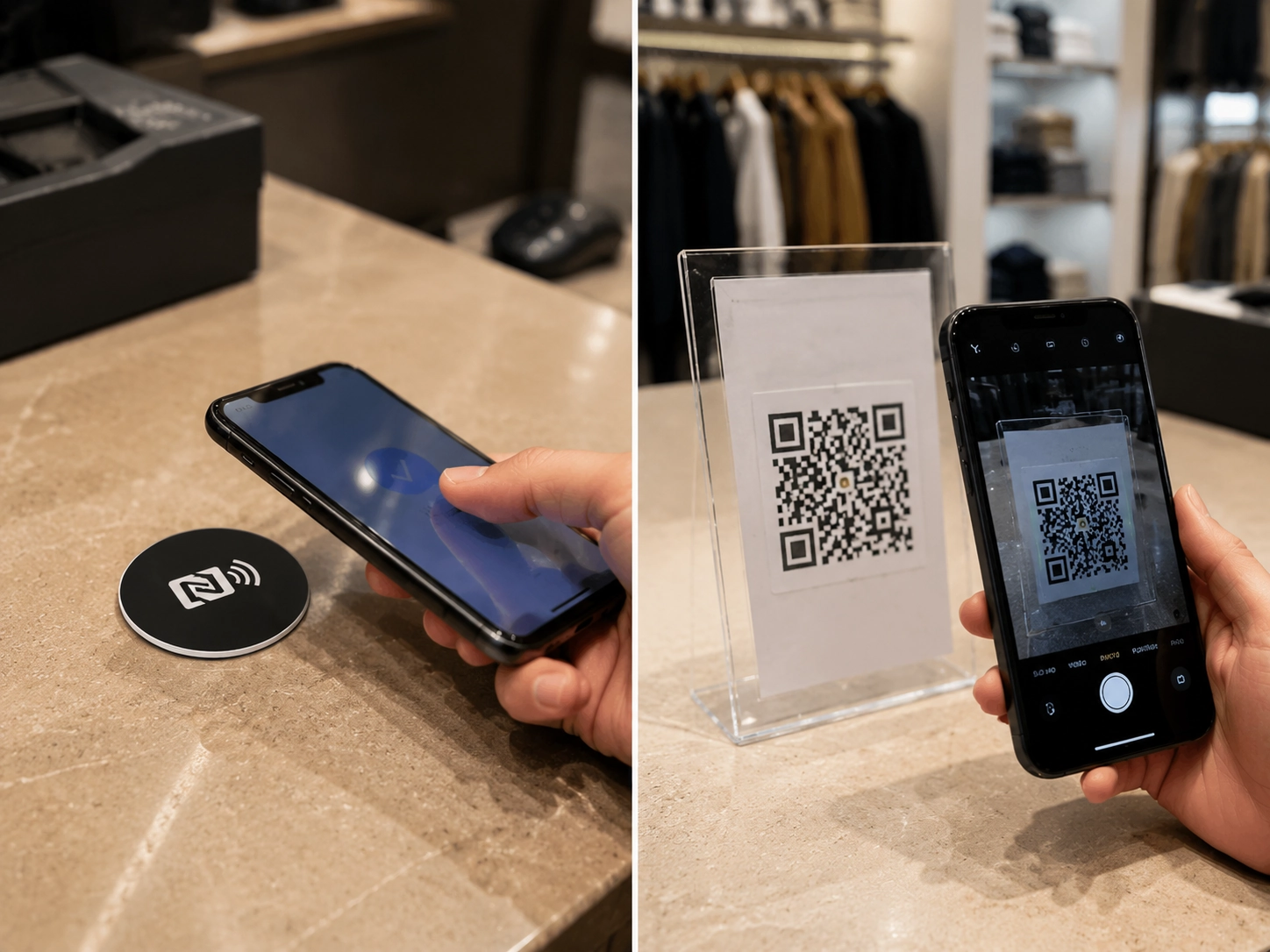 A smartphone tapping a custom website NFC tag sticker on a retail storefront countertop compared alongside scanning a printed QR code with a mobile camera A smartphone tapping a custom website NFC tag sticker on a retail storefront countertop compared alongside scanning a printed QR code with a mobile camera