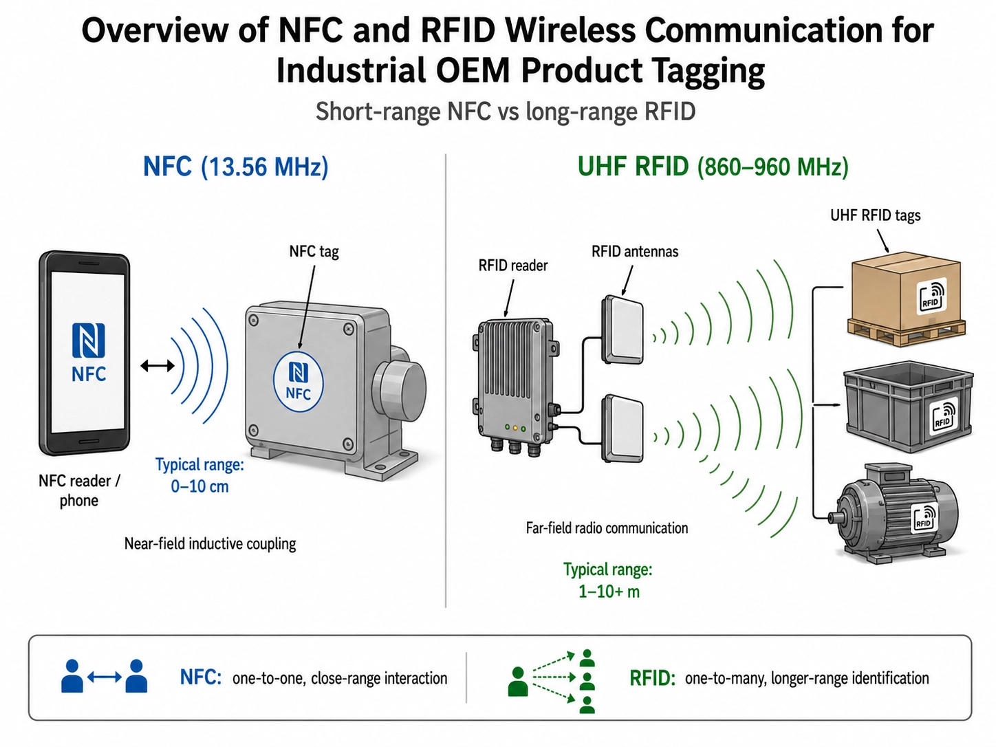Overview diagram of short-range NFC and long-range RFID wireless communication protocols for industrial OEM product tagging